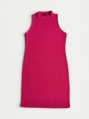 21 Saints Hot Pink Ribbed Sleeveless Midi Dress Mock Neck Stretch Bodycon Size L